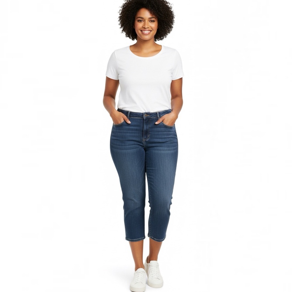 Lane Bryant Denim Medium Wash Stretch Cropped with Whiskering High Waist Size 16